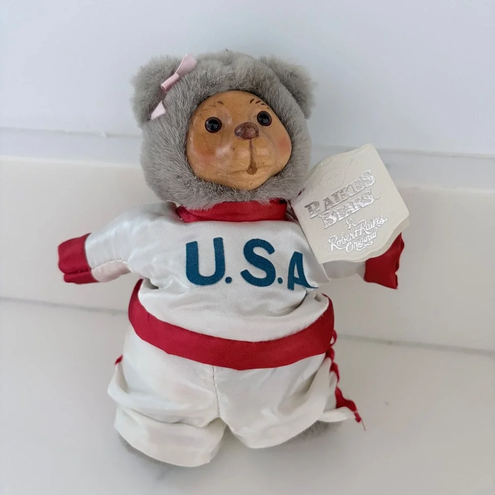 Robert Raikes Bears USA Olympic Wood Face Plush Nursery‎ Miniatures Grey 7in